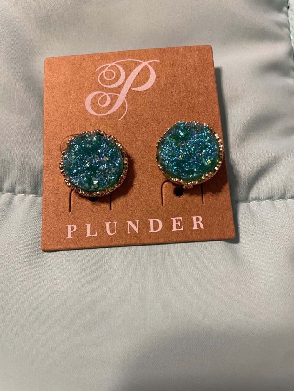 Plunder (Tabbi) Teal Blue Iridescent Druzy Round Stud Earrings